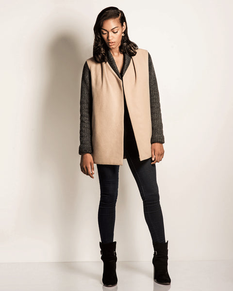 Coat Check | Tan Wool Car Coat with Charcoal Knit Sleeves-Jackets & Blazers-Mod + Ethico