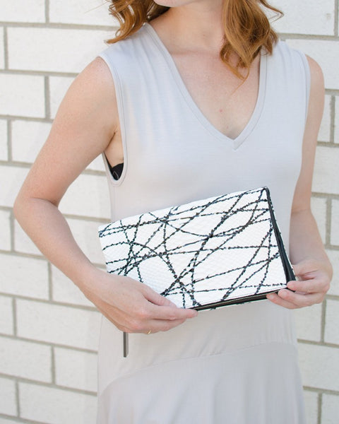 August Ca. Black/White Foldover Snake Leather Clutch-Clutch-Mod + Ethico